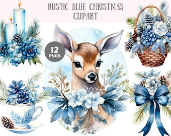 Acuarela Rústico Azul Navidad Clipart Navidad Piñas PNG Descargas de imágenes digitales para hacer tarjetas Scrapbook Junk Journal Paper Craft