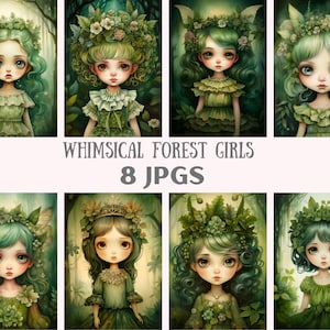 Aquarel grillige bos meisje clipart bos elf JPG digitale afbeelding downloads voor kaart maken plakboek ongewenste dagboek papier ambachten