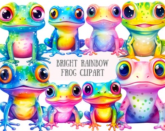 水彩画の明るい虹色のカエルのクリップアート かわいいカエルのPNG