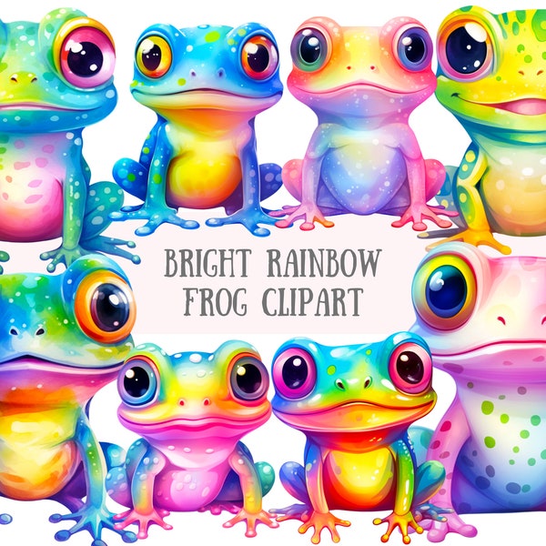 Watercolour Bright Rainbow Frog Clipart Kawaii Frogs PNG Digital Image Downloads for Card Making Scrapbook Junk Journal Paper Crafts