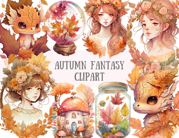 Watercolour Autumn Fantasy Clipart - Fall Fairytale PNG Digital Image Downloads for Card Making, Scrapbook, Junk Journal, Paper Crafts