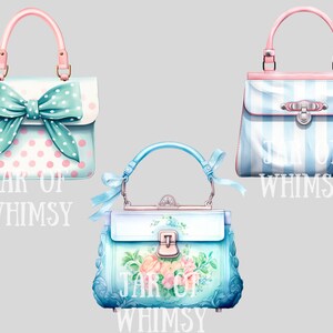 May include: Three different blue and pink handbags with the text "Jar of Whimsy" printed on the bottom of each bag. The bags have different designs, including polka dots, stripes, and floral patterns.