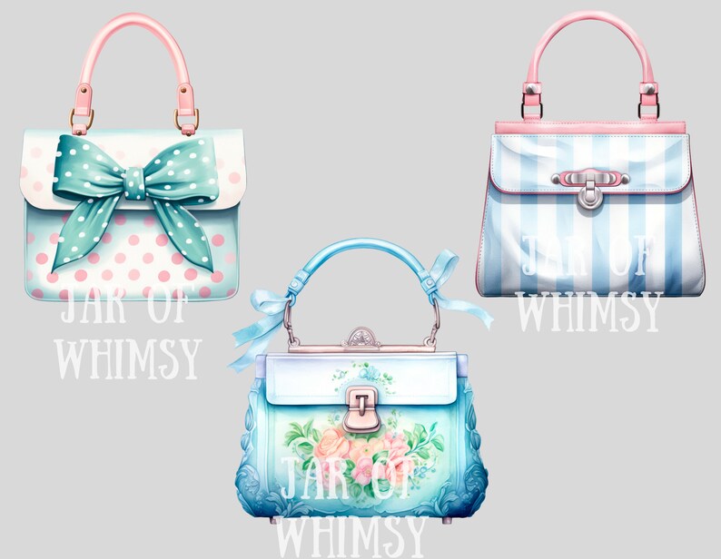 May include: Three different blue and pink handbags with the text "Jar of Whimsy" printed on the bottom of each bag. The bags have different designs, including polka dots, stripes, and floral patterns.