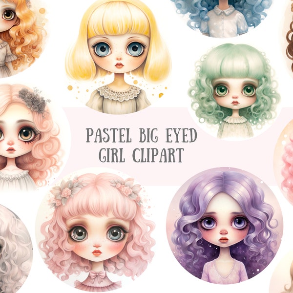 Watercolour Pastel Big Eyed Girl Clipart Pop Surreal Artwork PNG Digital Image Downloads for Card Making Scrapbook Junk Journal Paper Crafts