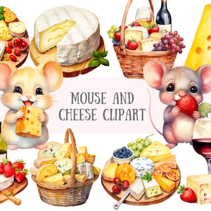 Acquerello Mouse e formaggio Clipart formaggio e vino PNG Download di immagini digitali per la creazione di cartoline Scrapbook Junk Journal Paper Crafts