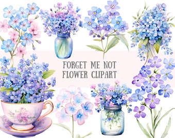 May include: Watercolor illustrations of forget-me-not flowers in various arrangements. The flowers are blue and purple with pink accents. Some arrangements are in vases, a teacup, and a bouquet.