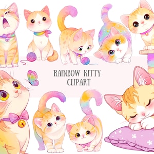 Clipart chaton arc-en-ciel aquarelle mignon chat arc-en-ciel PNG Image numérique à télécharger pour la fabrication de cartes scrapbooking Journal indésirable artisanat en papier