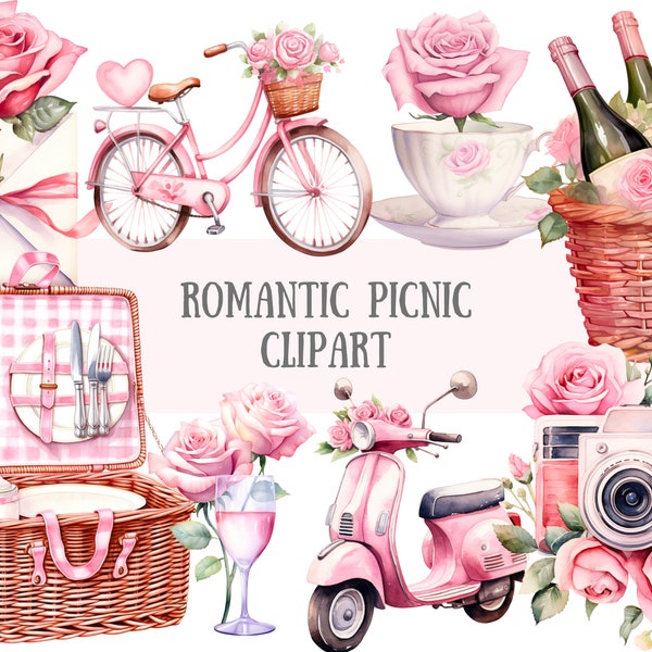 Watercolour Romantic Picnic Clipart Valentines Day Rose PNG Digital Image Downloads for Card Making Scrapbook Junk Journal Paper Crafts