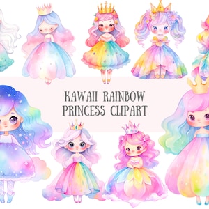 Aquarela Kawaii Rainbow Princess Clipart Cute Chibi Girl PNG Downloads de imagens digitais para fazer cartões Scrapbook Junk Journal Paper Crafts
