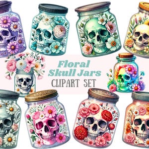 Aquarelle florale tête de mort bocal Clipart gothique floral esthétique PNG téléchargements d'images numériques pour la fabrication de cartes scrapbooking journal indésirable papier artisanat