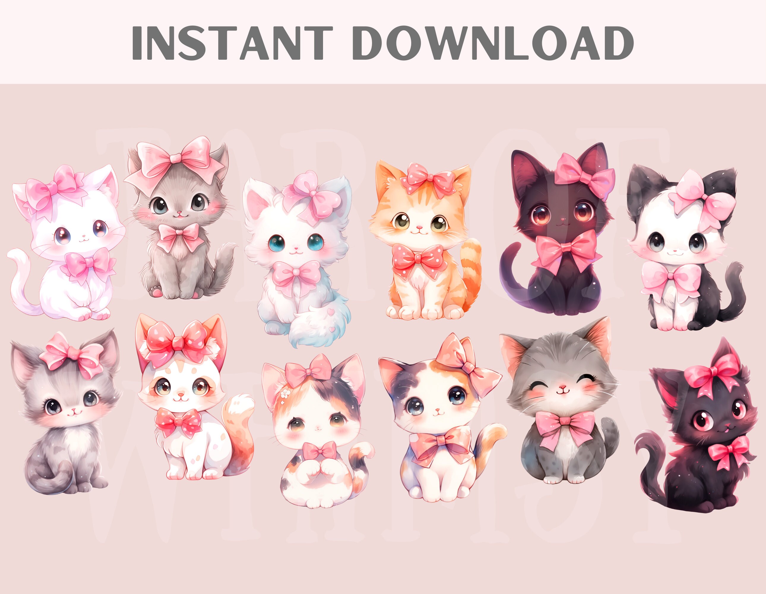 Watercolour Kawaii Kitten Clipart Cute Chibi Anime Cats PNG Digital ...