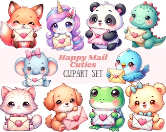 May include: A set of ten adorable cartoon animal illustrations holding colorful envelopes with hearts. The animals include a fox, unicorn, panda, dinosaur, elephant, bird, cat, dog, frog, and bear. The text "Happy Mail Cuties Clipart Set" is at the top of the image.