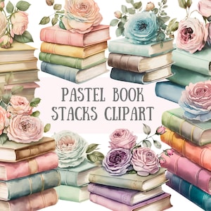 Watercolour Pastel Book Stack Clipart Bookcase Bookworm PNG Digital Image Downloads for Card Making Scrapbook Junk Journal Paper Crafts