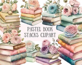 Watercolour Pastel Book Stack Clipart Bookcase Bookworm PNG Digital Image Downloads for Card Making Scrapbook Junk Journal Paper Crafts