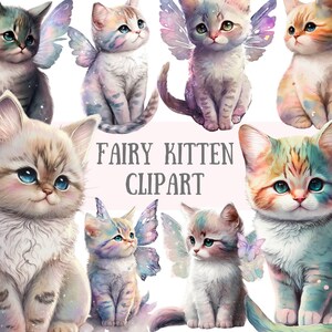 Clipart chatons féeriques fantastiques aquarelle - téléchargements d'images numériques PNG de chat kawaii pour la fabrication de cartes, scrapbooking, journal indésirable, travaux manuels en papier
