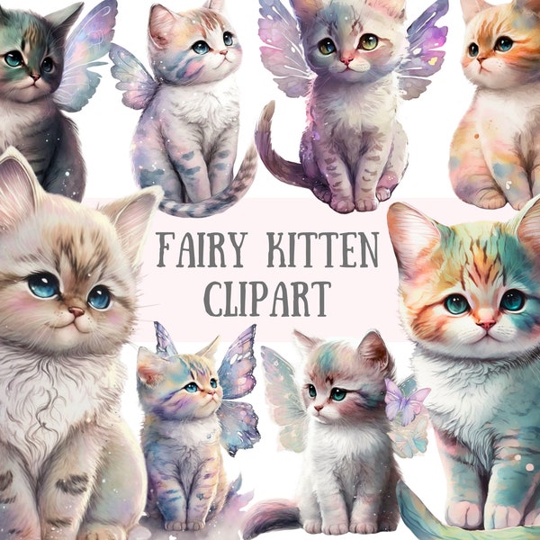 Watercolour Fantasy Fairy Kittens Clipart - Kawaii Cat PNG Digital Image Downloads for Card Making, Scrapbook, Junk Journal, Paper Crafts