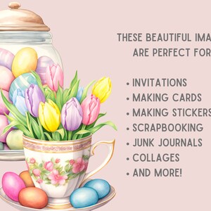 Op de afbeelding: Waterverfillustratie met een glazen pot vol pastelkleurige paaseieren en een theekopje vol tulpen. De afbeelding bevat tekst: "DEZE MOOIE AFBEELDINGEN ZIJN PERFECT VOOR: UITNODIGINGEN, KAARTEN MAKEN, STICKERS MAKEN, SCRAPBOOKEN, JUNK JOURNALS, COLLAGES, EN MEER!"