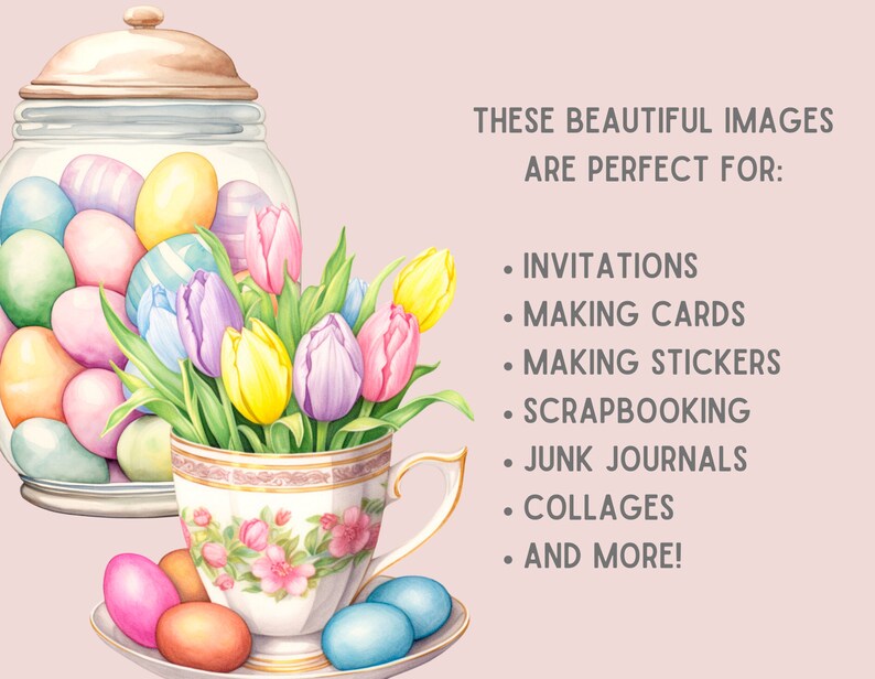 Op de afbeelding: Waterverfillustratie met een glazen pot vol pastelkleurige paaseieren en een theekopje vol tulpen. De afbeelding bevat tekst: "DEZE MOOIE AFBEELDINGEN ZIJN PERFECT VOOR: UITNODIGINGEN, KAARTEN MAKEN, STICKERS MAKEN, SCRAPBOOKEN, JUNK JOURNALS, COLLAGES, EN MEER!"