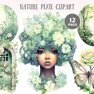 May include: A digital illustration of a nature pixie with a crown of green and white flowers, a green and white butterfly, a green door with vines, and a white rose.