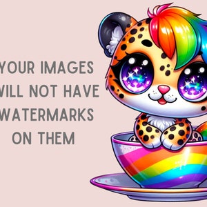 Puede incluir: Un guepardo de dibujos animados con pelo arco&iacute;ris se sienta en una taza de t&eacute; arco&iacute;ris. El guepardo tiene ojos grandes y brillantes y una expresi&oacute;n linda. El texto "YOUR IMAGES WILL NOT HAVE WATERMARKS ON THEM" es visible en el fondo.