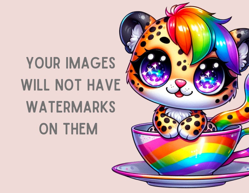 Puede incluir: Un guepardo de dibujos animados con pelo arco&iacute;ris se sienta en una taza de t&eacute; arco&iacute;ris. El guepardo tiene ojos grandes y brillantes y una expresi&oacute;n linda. El texto "YOUR IMAGES WILL NOT HAVE WATERMARKS ON THEM" es visible en el fondo.
