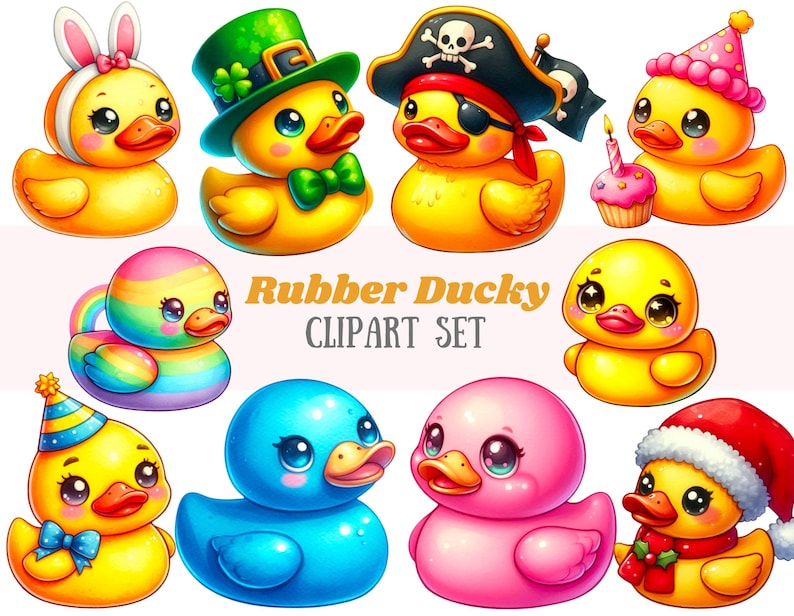 May include: A set of ten rubber ducky clipart images. The ducks are in various colors and designs, including a rainbow duck, a pirate duck, a duck wearing a green hat, and a duck wearing a Santa hat. The text "Rubber Ducky CLIPART SET" is displayed at the bottom of the image.