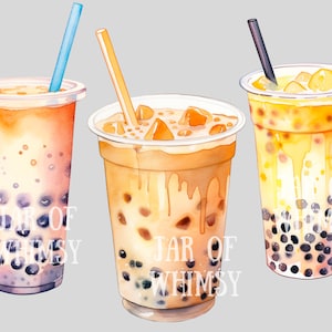 May include: Three watercolor illustrations of bubble tea drinks in clear plastic cups with straws. The drinks are different colors: pink, orange, and yellow. Each cup has black tapioca pearls at the bottom. The text "JAR OF WHIMSY" is written on the cups.