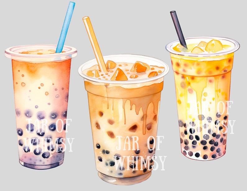 May include: Three watercolor illustrations of bubble tea drinks in clear plastic cups with straws. The drinks are different colors: pink, orange, and yellow. Each cup has black tapioca pearls at the bottom. The text "JAR OF WHIMSY" is written on the cups.
