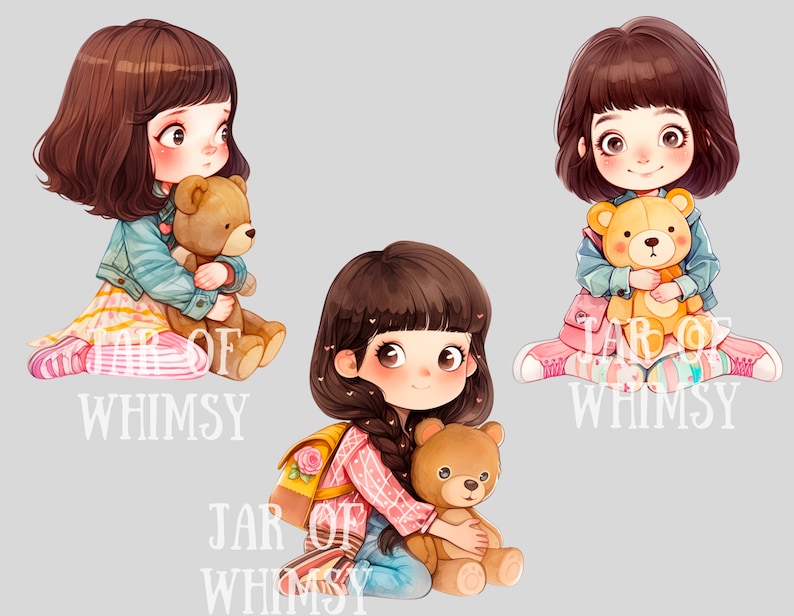 Puede incluir: Tres ilustraciones de chicas con cabello casta&ntilde;o, vistiendo ropa colorida y sosteniendo osos de peluche. Las chicas sonr&iacute;en y tienen ojos grandes. El texto "JAR OF WHIMSY" es visible en la esquina inferior izquierda de la imagen.