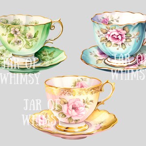 May include: Three vintage teacups and saucers with floral patterns. The teacups are green, blue, and pink with gold trim. The saucers are green, blue, and yellow with floral patterns.