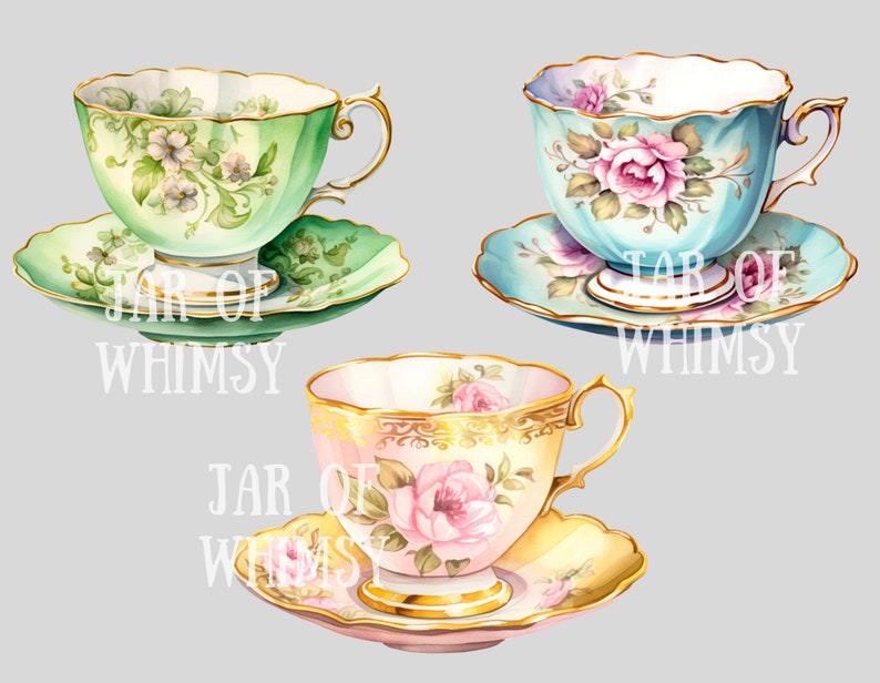 May include: Three vintage teacups and saucers with floral patterns. The teacups are green, blue, and pink with gold trim. The saucers are green, blue, and yellow with floral patterns.