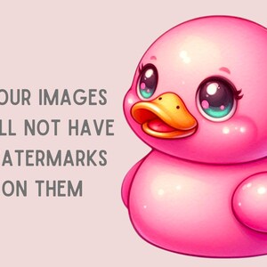 May include: A pink rubber duck with large, expressive eyes and a yellow beak. The duck is smiling and has a glossy finish.