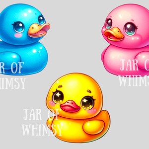 May include: Three cartoon rubber duckies in different colors: blue, pink, and yellow. Each duck has large eyes and a cute expression. The ducks are all facing forward and have a 'Jar of Whimsy' text on the bottom.