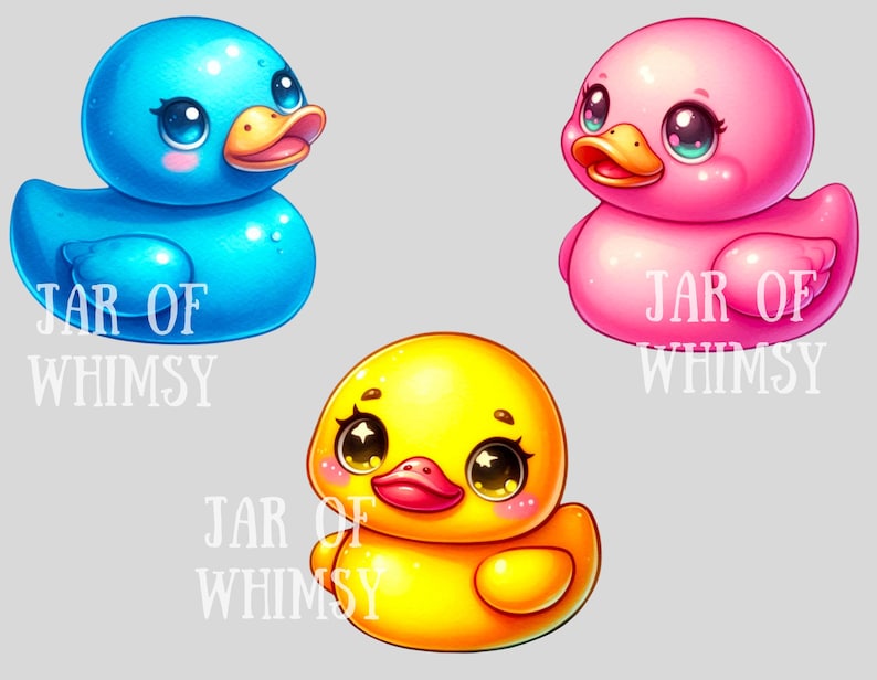 May include: Three cartoon rubber duckies in different colors: blue, pink, and yellow. Each duck has large eyes and a cute expression. The ducks are all facing forward and have a 'Jar of Whimsy' text on the bottom.