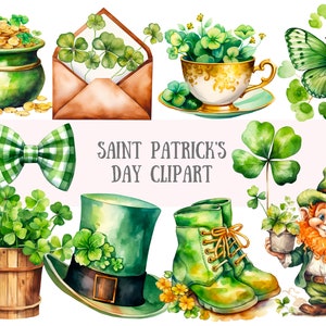 Aquarelle Saint Patricks Day Clipart trèfle à quatre feuilles PNG Image numérique à télécharger pour la fabrication de cartes Scrapbook Junk Journal travaux manuels en papier