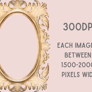 May include: A gold ornate oval picture frame with intricate details. The frame is isolated on a light pink background. 300DPI. Each image is between 1500-2000 pixels wide.