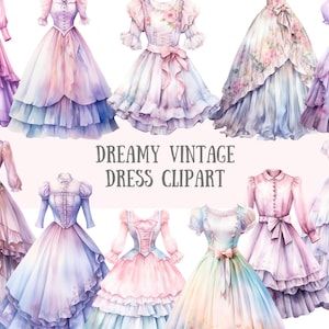 Watercolour Dreamy Vintage Dress Clipart VictorianFashion PNG Digital Image Downloads for Card Making Scrapbook Junk Journal Paper Crafts