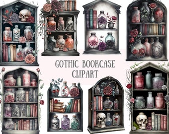Watercolour Gothic Bookcase Clipart Bookshelf Bookworm PNG Digital Image Downloads for Card Making Scrapbook Junk Journal Paper Crafts