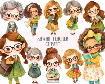 Acuarela Kawaii Teacher Clipart Cute Chibi Teacher Girl PNG Descargas de imágenes digitales para hacer tarjetas Scrapbook Junk Journal Paper Crafts