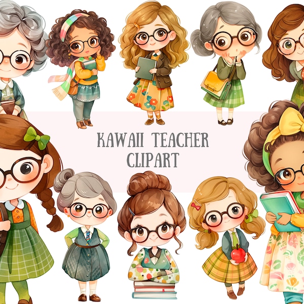 Watercolour Kawaii Teacher Clipart Cute Chibi Teacher Girl PNG Digital Image Downloads for Card Making Scrapbook Junk Journal Paper Crafts