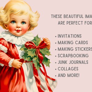Pode incluir: Uma ilustra&ccedil;&atilde;o vintage de um pequeno anjo com cabelo loiro vestindo um vestido vermelho e segurando um ramo de azevinho com um la&ccedil;o vermelho. O texto diz "Estas belas imagens s&atilde;o perfeitas para: Convites, Fazer cart&otilde;es, Fazer adesivos, Scrapbooking, Di&aacute;rios de sucata, Colagens, e muito mais!"