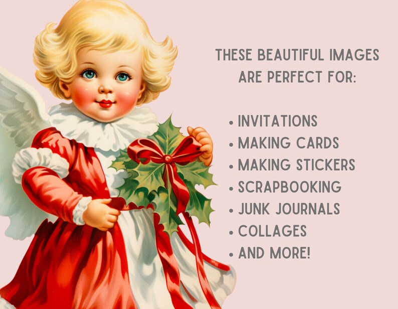 Pode incluir: Uma ilustra&ccedil;&atilde;o vintage de um pequeno anjo com cabelo loiro vestindo um vestido vermelho e segurando um ramo de azevinho com um la&ccedil;o vermelho. O texto diz "Estas belas imagens s&atilde;o perfeitas para: Convites, Fazer cart&otilde;es, Fazer adesivos, Scrapbooking, Di&aacute;rios de sucata, Colagens, e muito mais!"
