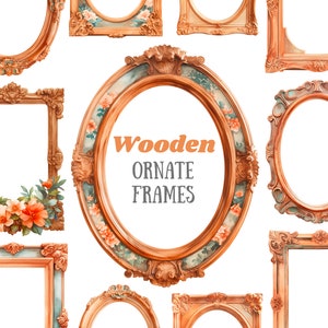 Clipart cadre fleuri en bois aquarelle cadre baroque rustique PNG Image numérique en téléchargement carte fabrication de scrapbooking Journal indésirable artisanat en papier