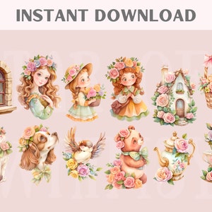 Watercolour Cute Cottagecore Clipart Cartoon Cottage Core Girl PNG Digital Image Download for Card Making Scrapbook Junk Journal Paper Craft image 2