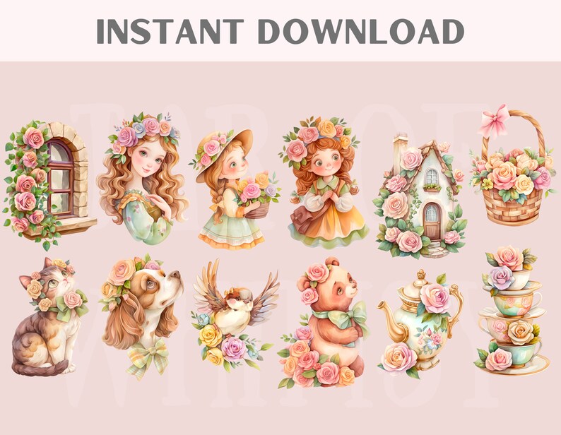 Watercolour Cute Cottagecore Clipart Cartoon Cottage Core Girl PNG Digital Image Download for Card Making Scrapbook Junk Journal Paper Craft image 2