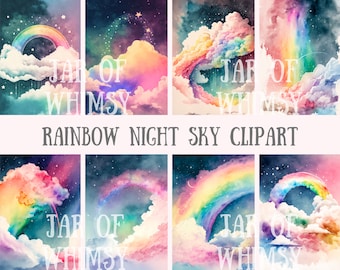 Watercolour Rainbow Night Sky Clipart - Rainbow Galaxy PNG Digital Image Downloads for Card Making, Scrapbook, Junk Journal, Paper Crafts