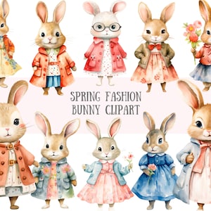 Aquarell Frühlingsmode Bunnies Clipart Süßer Hase PNG Digitalbild Download für Kartenherstellung Scrapbook Junk Journal Papierhandwerk