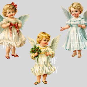 Pode incluir: Tr&ecirc;s ilustra&ccedil;&otilde;es vintage de anjos com asas. Cada anjo est&aacute; vestindo um vestido branco e tem uma aur&eacute;ola. O anjo &agrave; esquerda est&aacute; segurando um la&ccedil;o vermelho. O anjo do meio est&aacute; segurando um buqu&ecirc; de folhas verdes. O anjo &agrave; direita est&aacute; segurando uma flor branca.