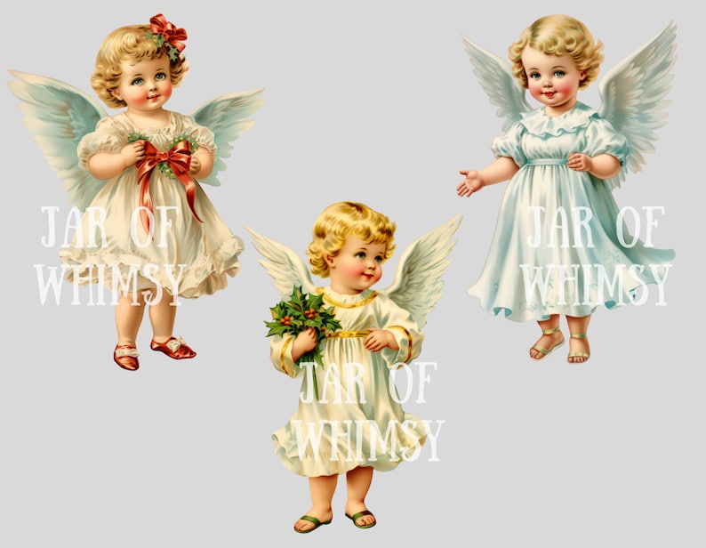 Pode incluir: Tr&ecirc;s ilustra&ccedil;&otilde;es vintage de anjos com asas. Cada anjo est&aacute; vestindo um vestido branco e tem uma aur&eacute;ola. O anjo &agrave; esquerda est&aacute; segurando um la&ccedil;o vermelho. O anjo do meio est&aacute; segurando um buqu&ecirc; de folhas verdes. O anjo &agrave; direita est&aacute; segurando uma flor branca.