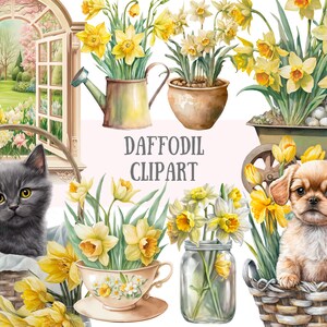 May include: A digital clipart set featuring yellow daffodils in various arrangements, including a window view, a watering can, a flower pot, a wheelbarrow, a teacup, a mason jar, and two baskets with a gray cat and a brown puppy.